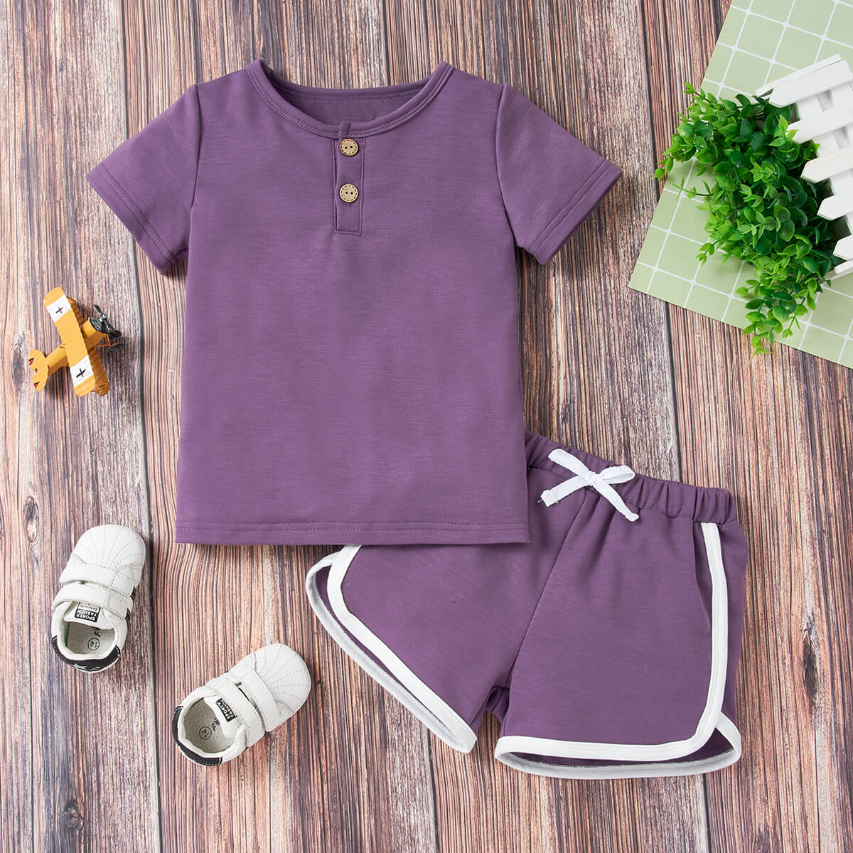 Kids Quarter Button T-Shirt and Drawstring Waist Shorts Set