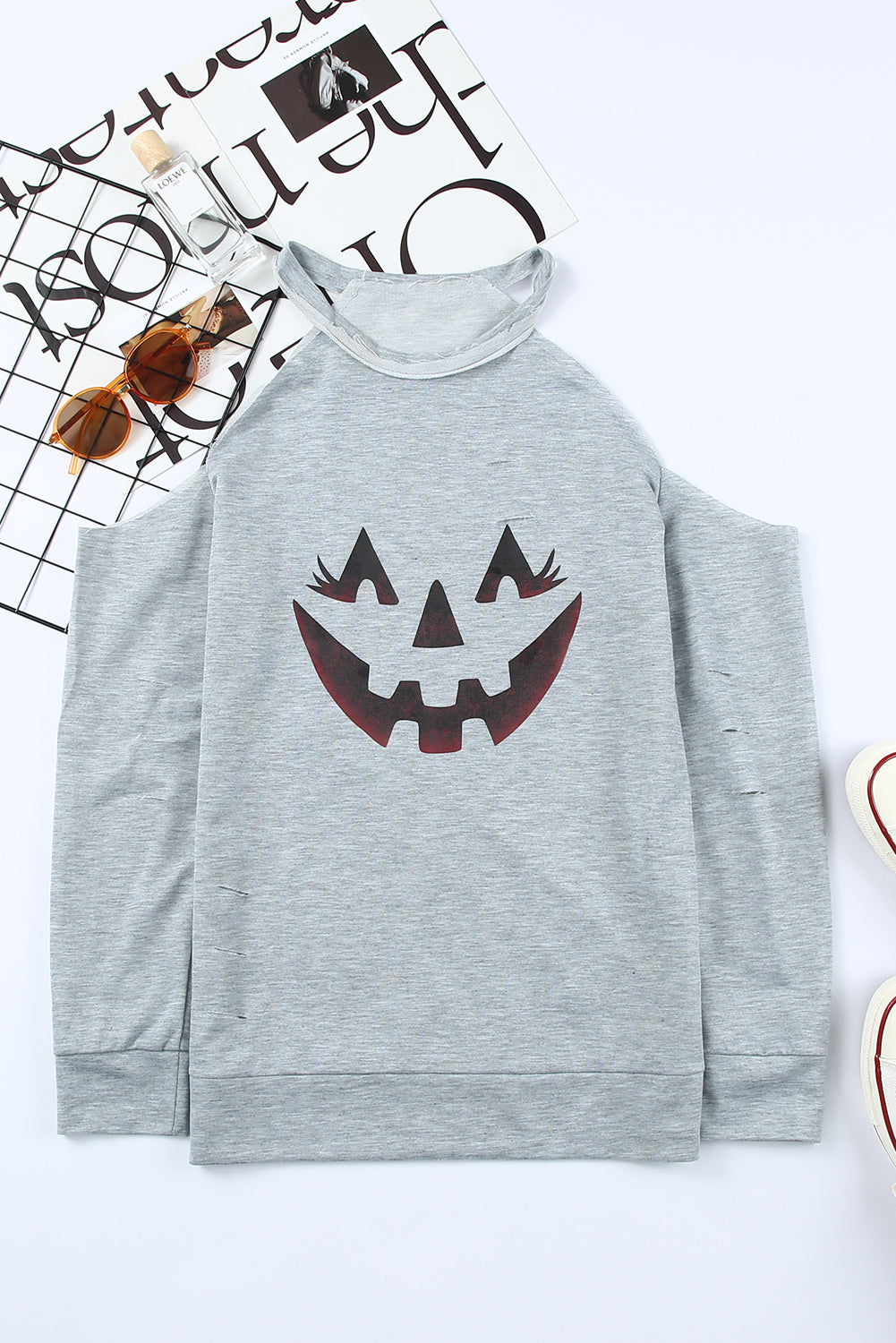 Halloween Graphic Cold-Shoulder Distressed Sweatshirt