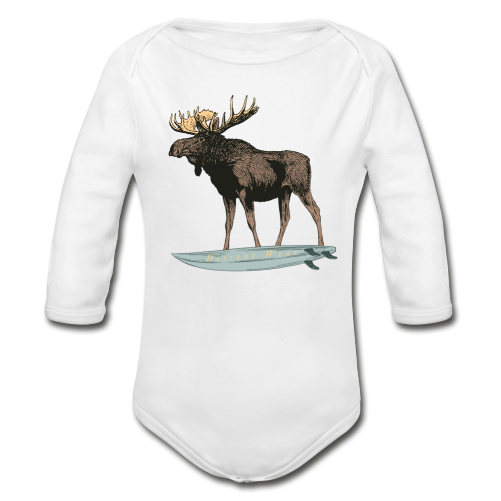 Surfing Moose Organic Long Sleeve Baby Onesie - white