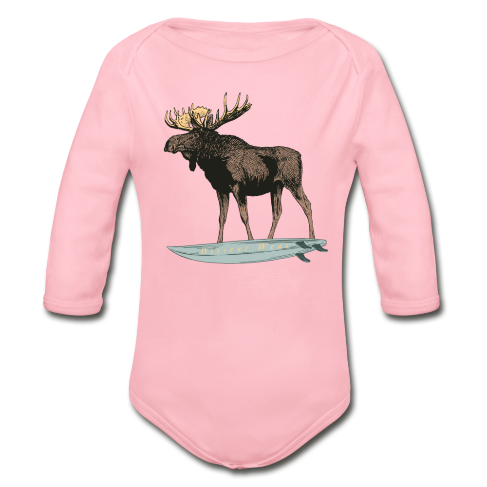 Surfing Moose Organic Long Sleeve Baby Onesie - light pink