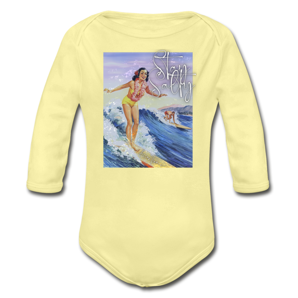 Vintage Surfing Stay Salty Organic Long Sleeve Baby Onesie - washed yellow