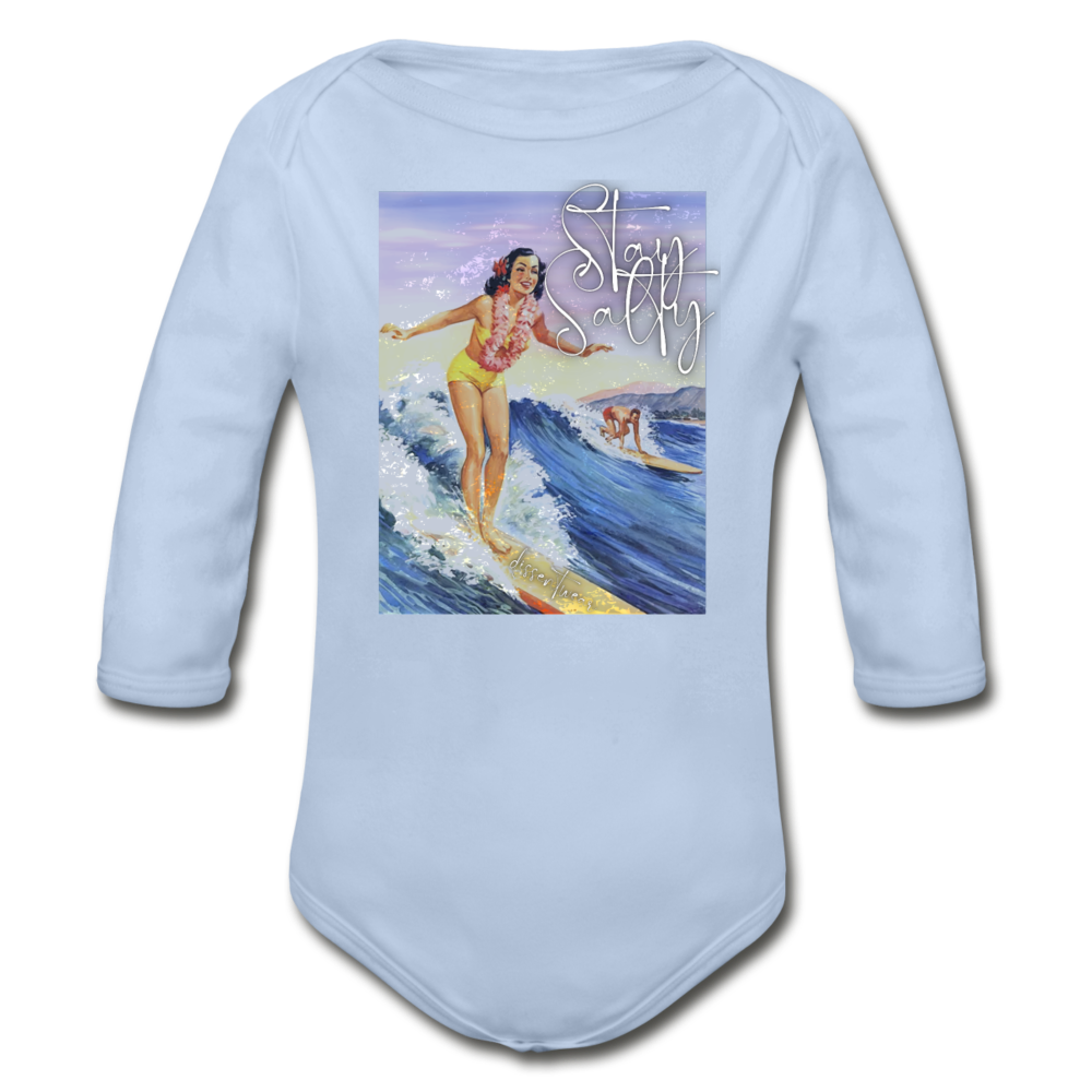 Vintage Surfing Stay Salty Organic Long Sleeve Baby Onesie - sky