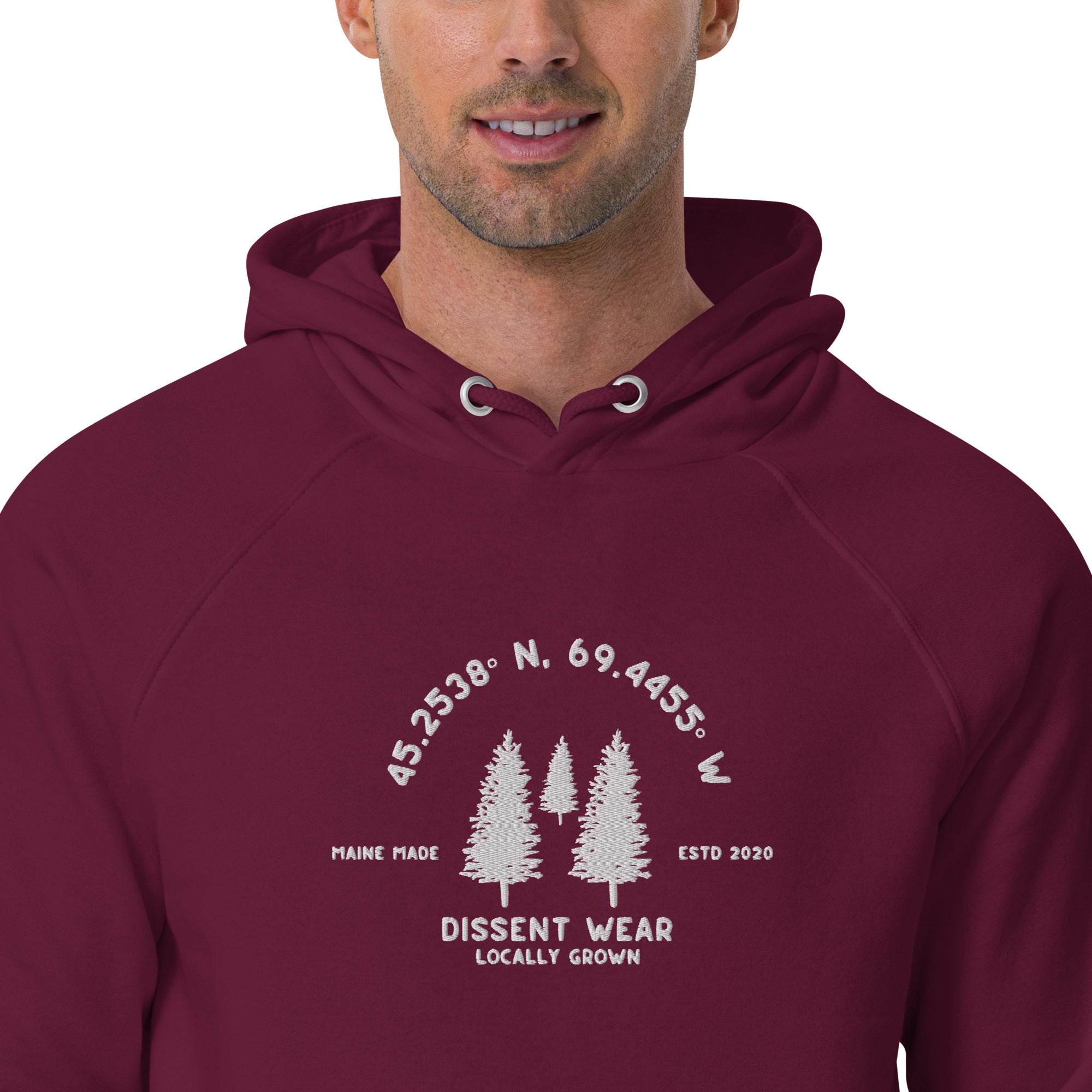 Maine Made Locally Grown 2023 embroidered eco raglan hoodie